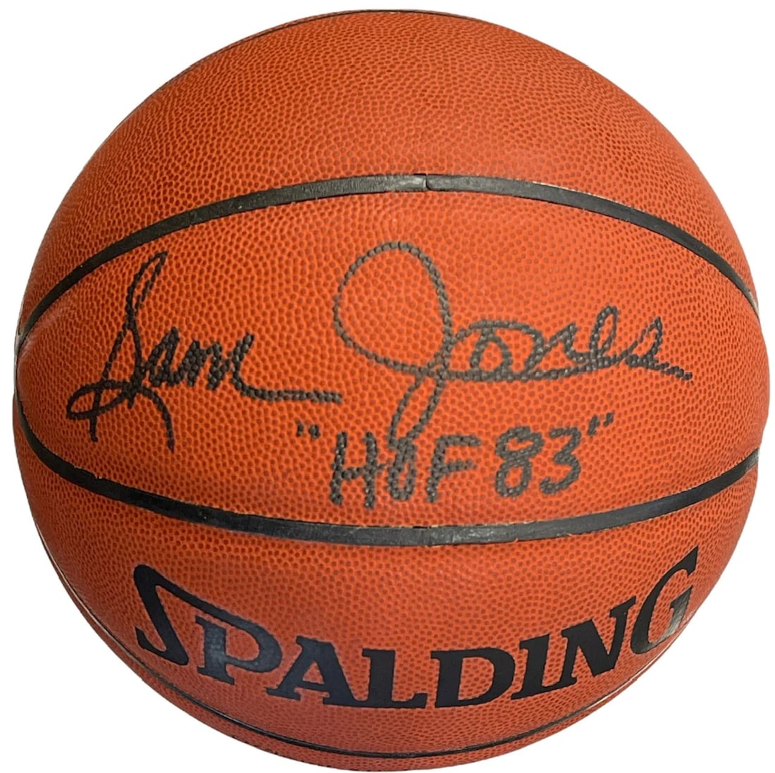 Sam Jones Autographed Spalding Official All Surface Basketball: Sam Jones Autographed Spalding Official All Surface Basketball Sam Jones' iconic signature adorns the front of this official Spalding basketball, bearing his personal message in black sharpie. The bal