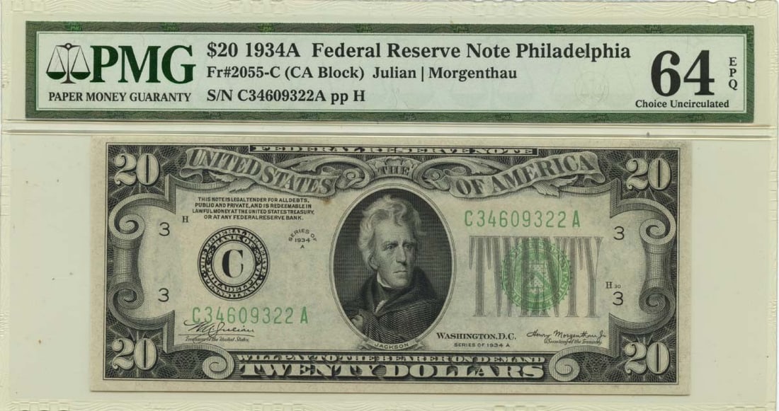 1934A $20 Federal Reserve Note Philadelphia FR#2055-C PMG CU64 EPQ: 1934A $20 Federal Reserve Note Philadelphia FR#2055-C PMG CU64 EPQ This 1934A $20 Federal Reserve Note from Philadelphia, graded MS64 by PMG, boasts an exceptional level of detail and condition. Featu