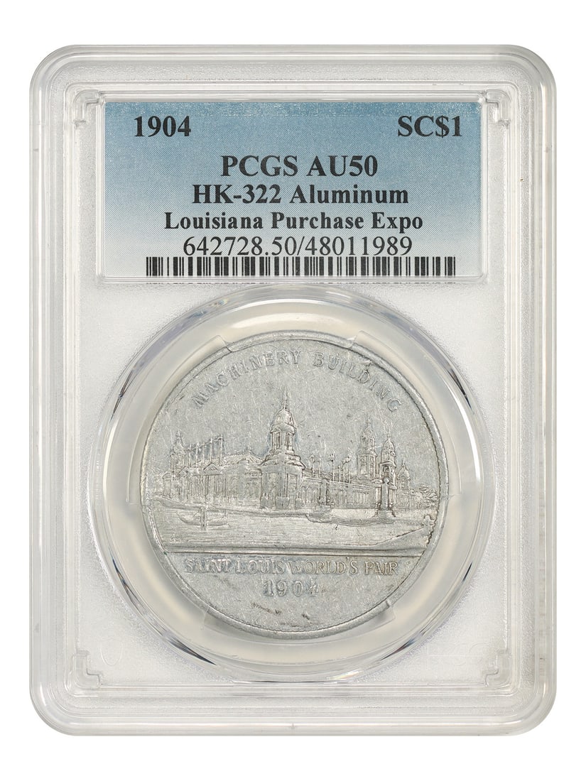 So-Called Dollar: 1904 SC$1 LA Purchase Expo Aluminum Medal PCGS AU50 (HK-322): So-Called Dollar: 1904 SC$1 LA Purchase Expo Aluminum Medal PCGS AU50 (HK-322) The 1904 SC$1 LA Purchase Expo Aluminum Medal, graded PCGS AU50, is a circulated example from the Philadelphia mint. This