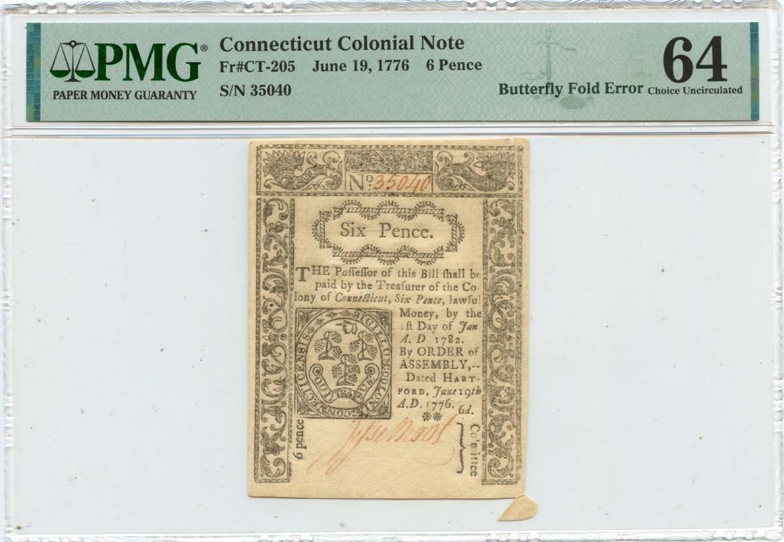 1776 June 19, 6d Connecticut Colonial FR#CT-205 PMG CU64 Butterfly Fold Error: 1776 June 19, 6d Connecticut Colonial FR#CT-205 PMG CU64 Butterfly Fold Error A rare and fascinating piece from the Connecticut Colonial era, this 1776 June 19, 6d note features a distinctive Butterfl