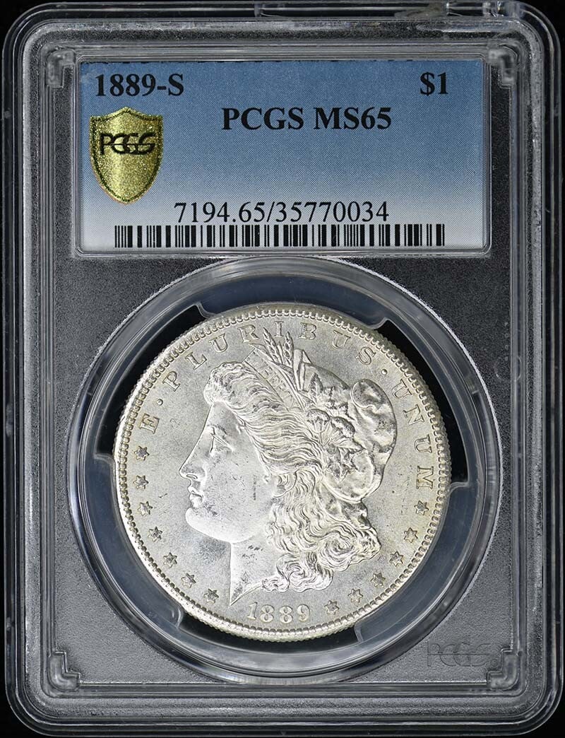1889-S $1 Morgan Dollar PCGS MS65: 1889-S $1 Morgan Dollar PCGS MS65 The 1889-S $1 Morgan Dollar, graded MS65 by PCGS, showcases exceptional detail and luster in its uncirculated state. Certified by a reputable third-party authority, t