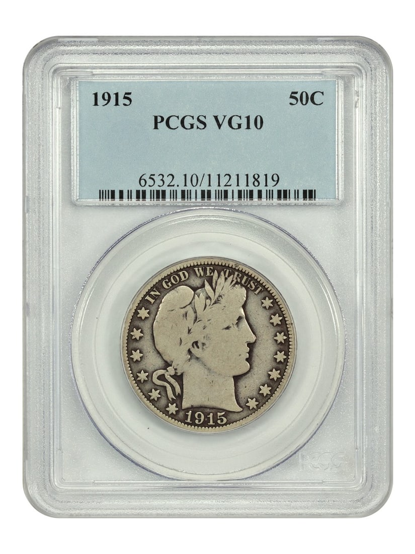 PCGS VG10 Barber Half Dollar 50C Key Low Mintage Date: PCGS VG10 Barber Half Dollar 50C Key Low Mintage Date The 1915 Philadelphia Barber Half Dollar, graded PCGS VG10, boasts a low mintage date making it a highly sought-after collector's item. Circulated