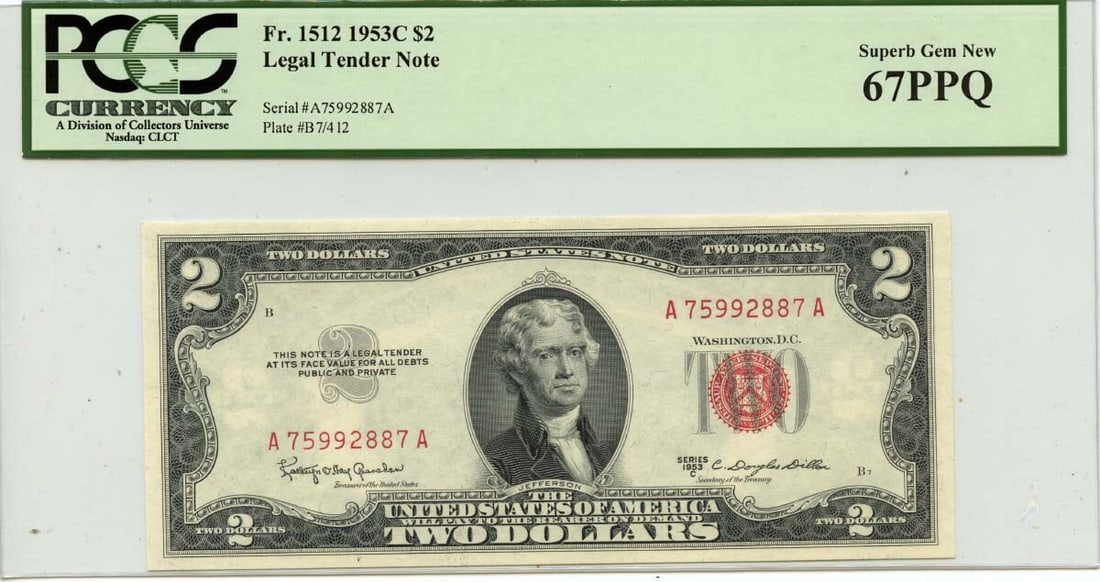1953C $2 Legal Tender Note FR#1512 PCGS Superb 67PPQ: 1953C $2 Legal Tender Note FR#1512 PCGS Superb 67PPQ The 1953C $2 Legal Tender Note features a Superb 67PPQ grade from PCGS, showcasing exceptional condition and detail. This uncirculated note is cert