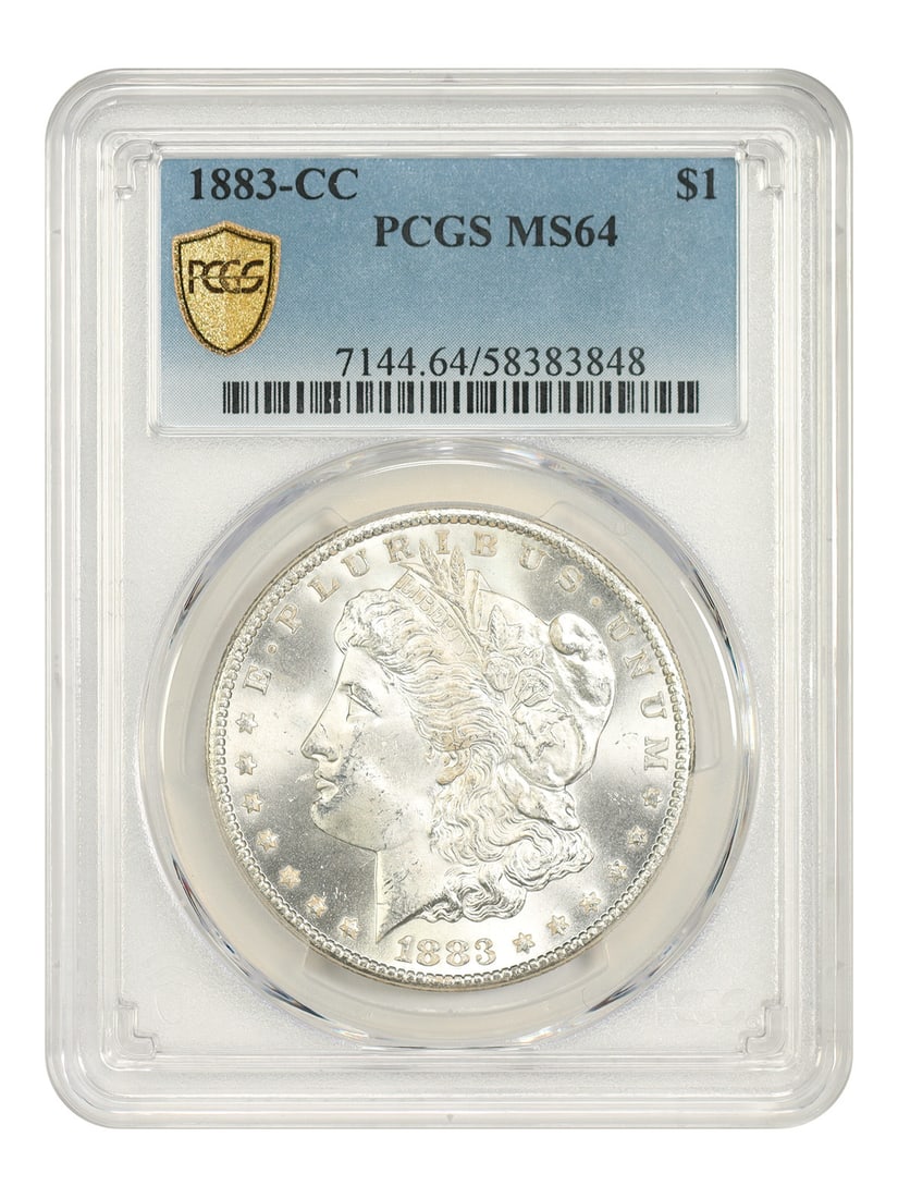 Morgan Dollar CC-Mint MS64 PCGS $1 1883: Morgan Dollar CC-Mint MS64 PCGS $1 1883 The Morgan Dollar CC-Mint MS64 PCGS is an uncirculated $1 coin from 1883, certified by the Professional Coin Grading Service (PCGS) with a grade of MS64. This c
