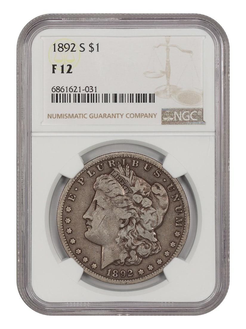 1892-S $1 NGC Fine 12 - Morgan Dollar - Scarce Date: 1892-S $1 NGC Fine 12 - Morgan Dollar - Scarce Date The 1892-S $1 Morgan Dollar is a scarce date coin, making it highly sought after by collectors. Certified by the Numismatic Guaranty Corporation (NG