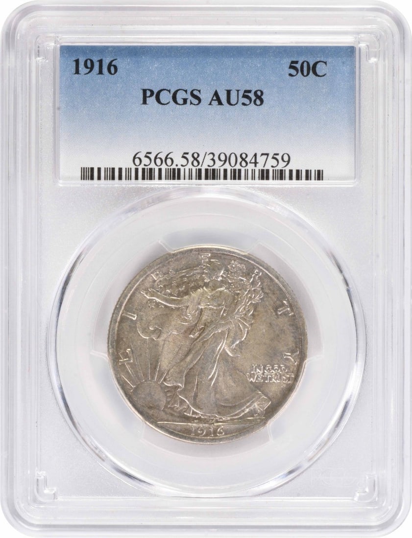 1916 Walking Liberty Silver Half Dollar AU58 PCGS: 1916 Walking Liberty Silver Half Dollar AU58 PCGS The 1916 Walking Liberty Silver Half Dollar features an iconic design with Lady Liberty walking forward, symbolizing freedom and democracy. This AU58 