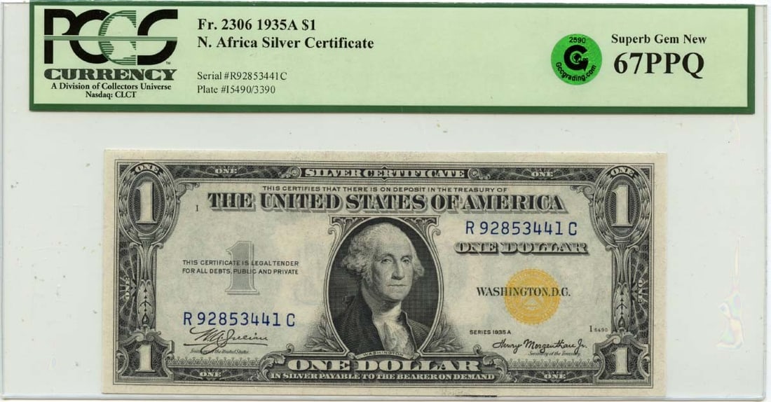 1935A $1 Silver Certificate North Africa WWII FR#2306 PCGS Superb GEM 67 PPQ GCC: 1935A $1 Silver Certificate North Africa WWII FR#2306 PCGS Superb GEM 67 PPQ GCC The 1935A $1 Silver Certificate, graded MS67 by PCGS, boasts exceptional condition with a Superb GEM grade. This rare f