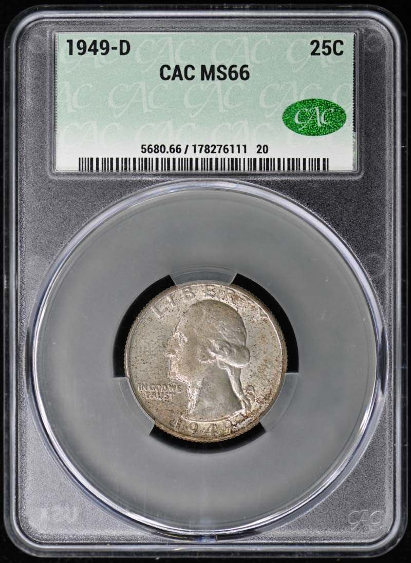 Quarter Washington 1949-D CACG MS66: Quarter Washington 1949-D CACG MS66 The 1949-D Washington quarter, certified MS66 by CACG, boasts exceptional condition with no signs of wear. This uncirculated mint coin features the Denver design an