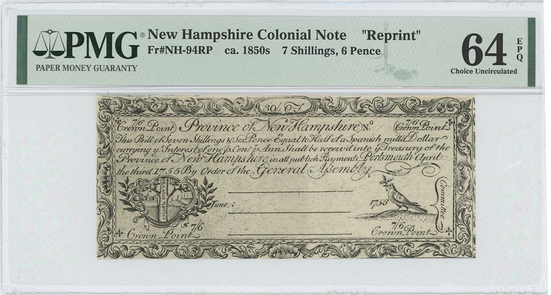 1755/ 6 April 3, 7s6d New Hampshire Colonial FR#NH-94RP PMG CU64 EPQ Cohen: 1755/ 6 April 3, 7s6d New Hampshire Colonial FR#NH-94RP PMG CU64 EPQ Cohen This 1755/6 April New Hampshire Colonial note, certified by PMG as MS64, bears the distinctive RP (Revised Plate) designation