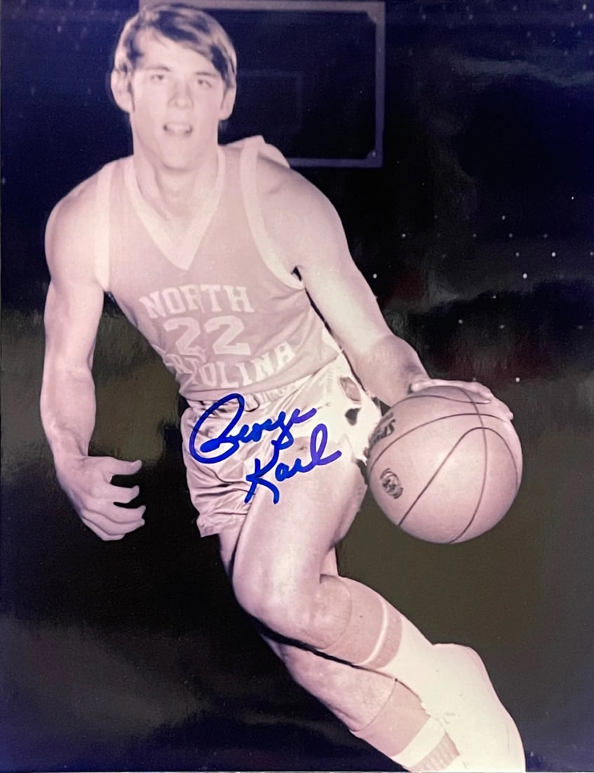 Karl George Autographed Basketball Photo: Karl George Autographed Basketball Photo Signed by University of North Carolina Tarheels basketball legend Karl George, this 8x10 photo showcases his autograph in blue sharpie across the front. The hi