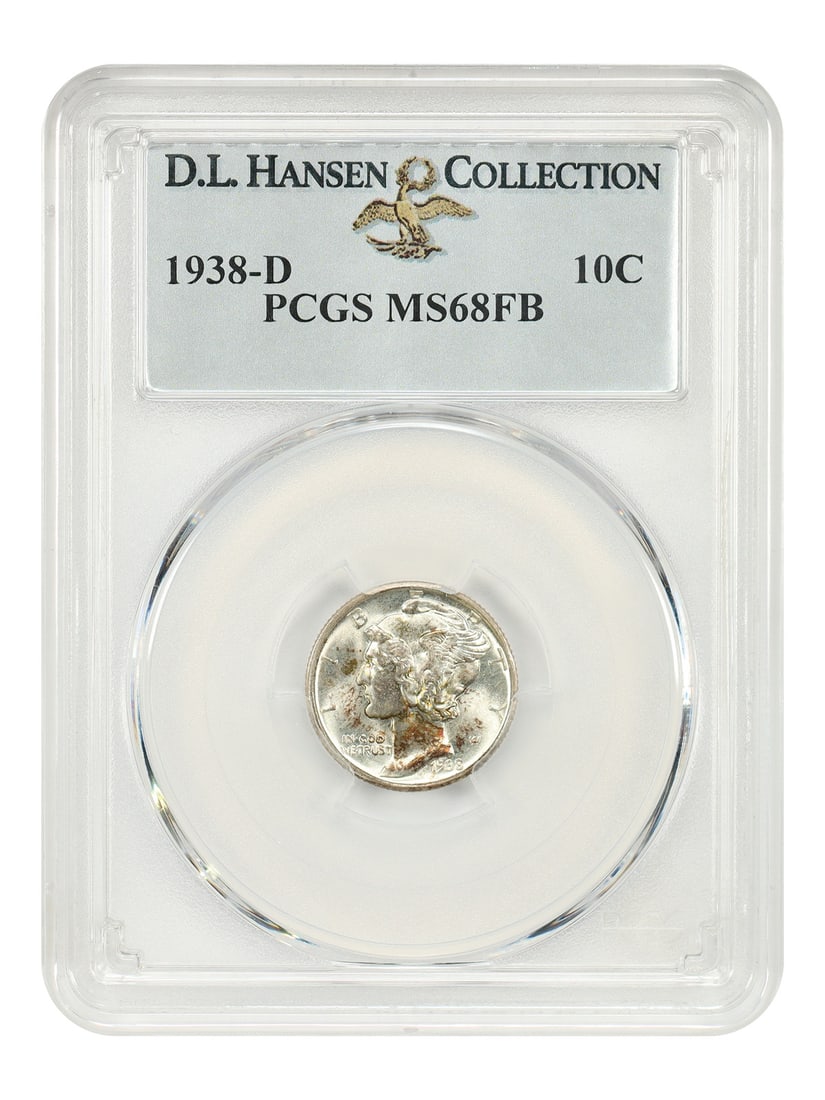 1938-D 10C PCGS MS68FB ex: D.L. Hansen: 1938-D 10C PCGS MS68FB ex: D.L. Hansen 1938-D 10C PCGS MS68FB ex D.L. Hansen - A highly graded, uncirculated Lincoln Wheat cent from the Denver mint, certified by PCGS as MS68FB. This coin boasts a hi