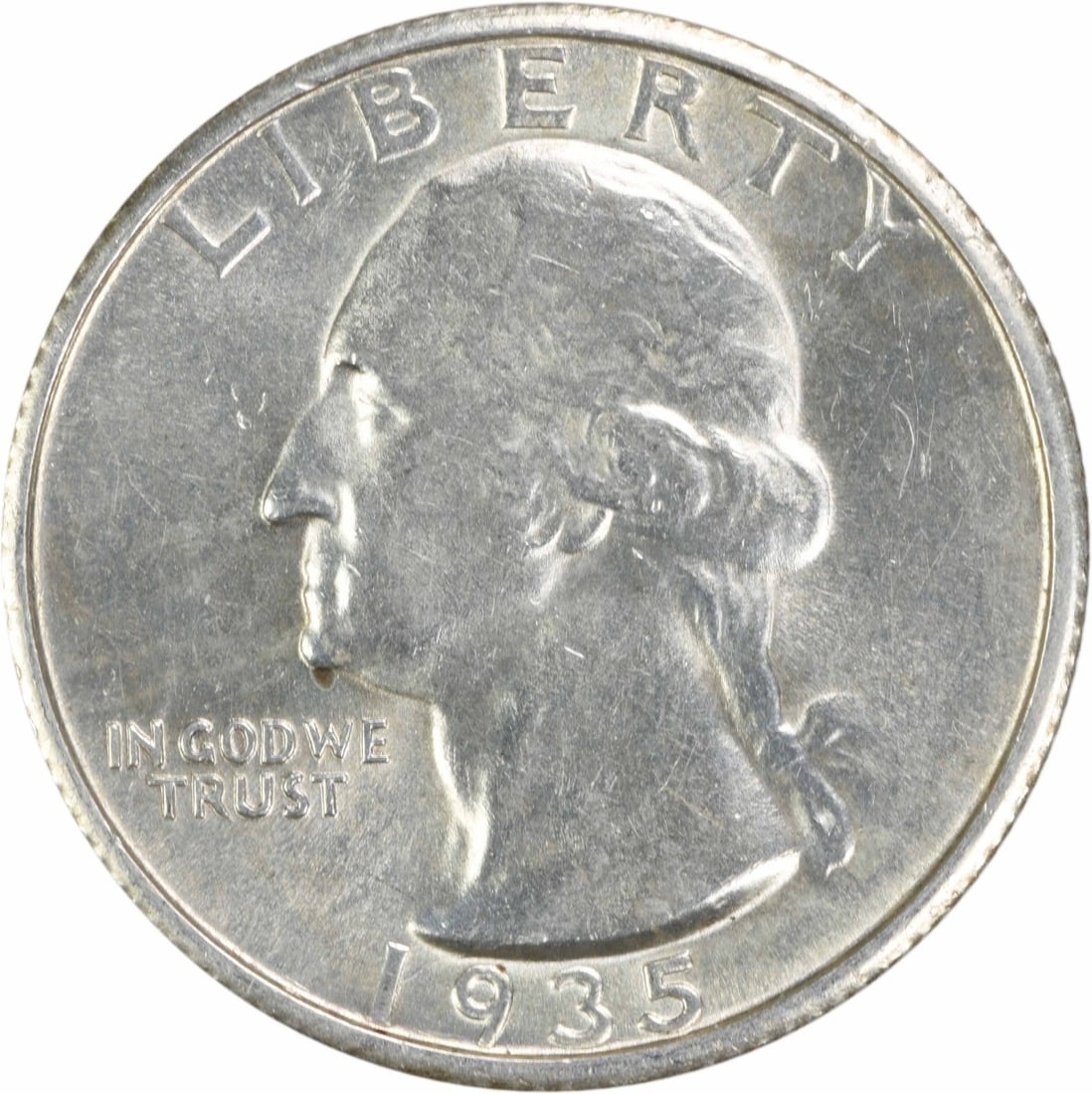 1935-S Washington Silver Quarter BU Uncertified: 1935-S Washington Silver Quarter BU Uncertified The 1935-S Washington Silver Quarter is an uncirculated coin featuring George Washington, minted in San Francisco. This silver quarter boasts a high-qua