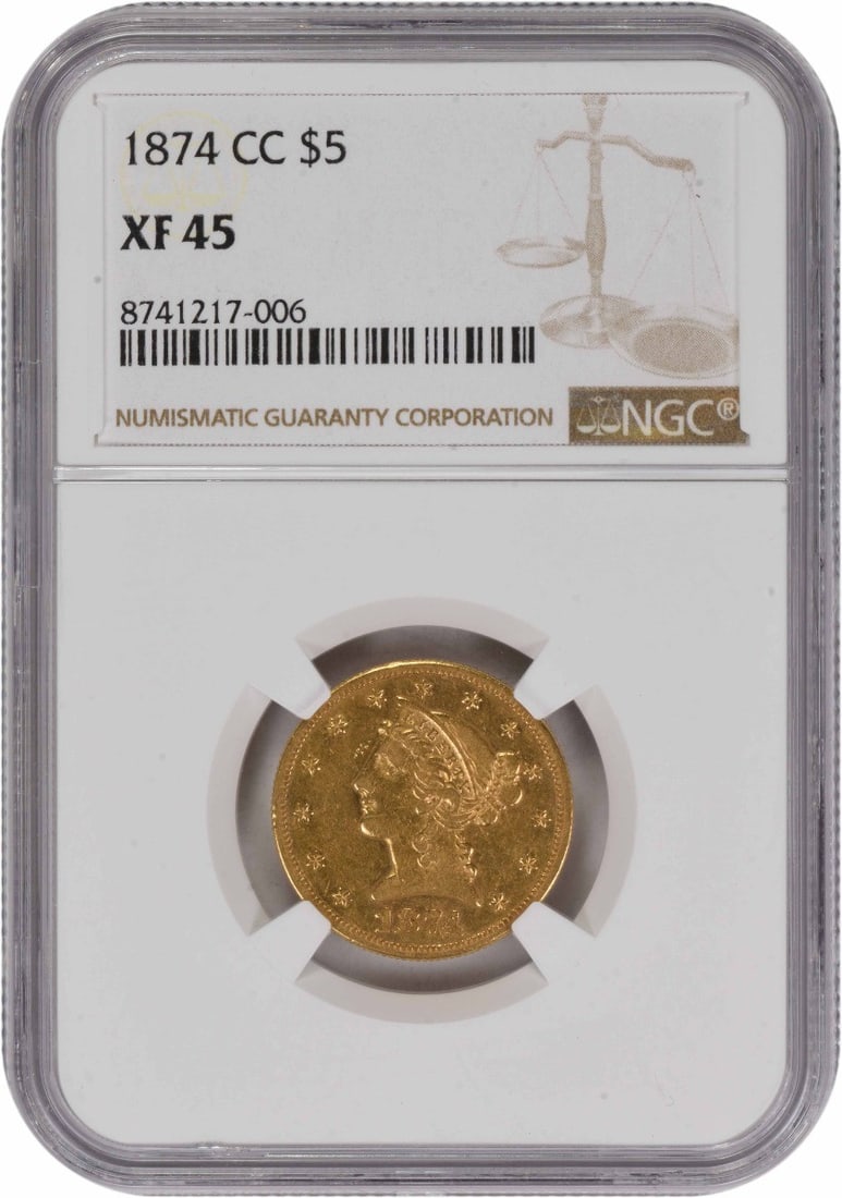 $5 Gold Liberty Head EF45 NGC 1874: $5 Gold Liberty Head EF45 NGC 1874 The $5 Gold Liberty Head EF45 NGC 1874 coin boasts a rich history, featuring a reeded edge and a diameter of 21.65 millimeters. Certified by the Numismatic Guaranty 