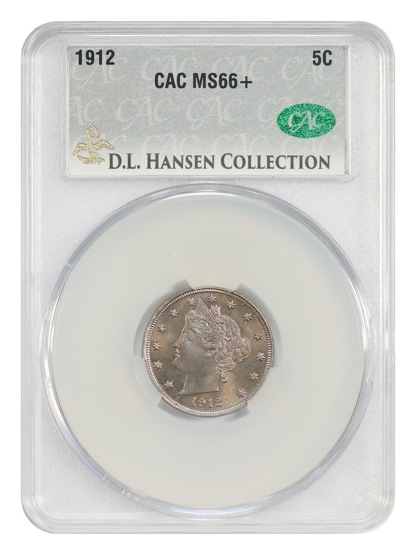1912 5C CACG MS66+ ex: D.L. Hansen - Liberty Nickel: 1912 5C CACG MS66+ ex: D.L. Hansen - Liberty Nickel The 1912 Liberty Nickel, graded MS66+, boasts an impressive level of detail and luster. Certified by CACG with a high certification number, this coi