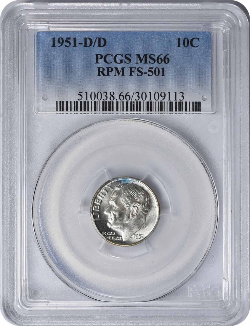 1951-D/ D Roosevelt Silver Dime RPM FS-501 MS66 PCGS: 1951-D/ D Roosevelt Silver Dime RPM FS-501 MS66 PCGS The 1951-D Roosevelt Silver Dime is a highly detailed and certified coin, graded MS66 by PCGS. This uncirculated specimen boasts a rich silver comp