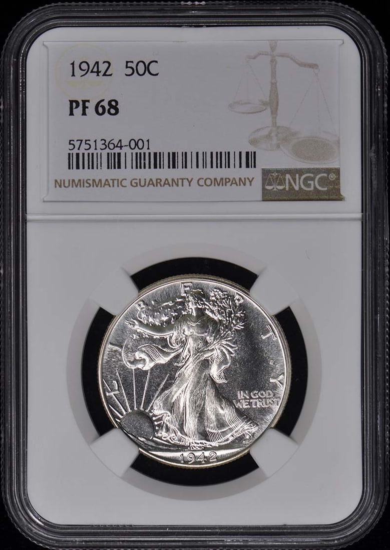 1942 Walking Liberty Half Dollar 50C NGC PR68: 1942 Walking Liberty Half Dollar 50C NGC PR68 The 1942 Walking Liberty Half Dollar, certified PR68 by NGC, showcases exceptional detail and luster. This uncirculated proof coin features the iconic des