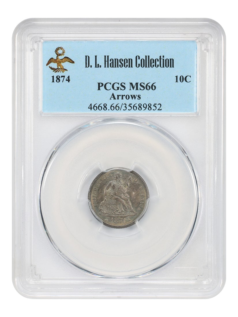 1874 10C PCGS MS66 (Arrows) ex: D.L. Hansen: 1874 10C PCGS MS66 (Arrows) ex: D.L. Hansen The 1874 10C MS66 coin, graded by PCGS, boasts an impressive level of preservation with its striking (Arrows) design. Certified as uncirculated, this rare c