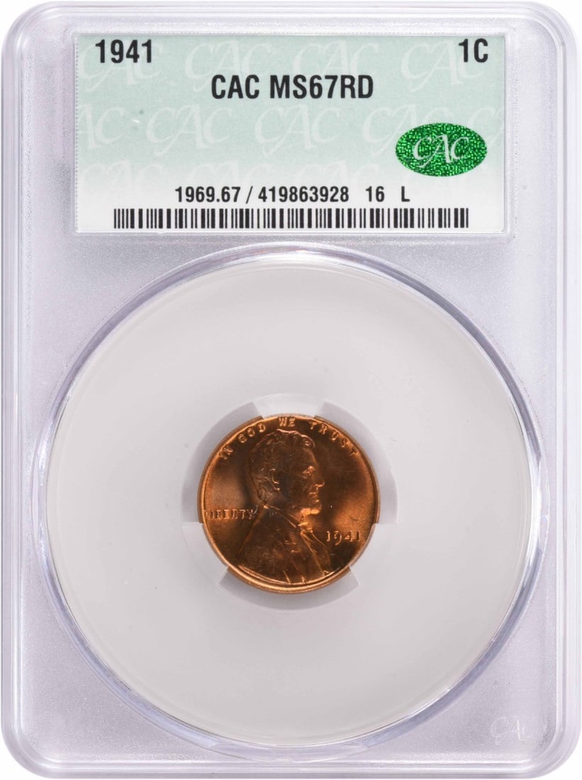 1941-P Lincoln Cent MS67RD CACG: 1941-P Lincoln Cent MS67RD CACG The 1941-P Lincoln Cent MS67RD CACG features a high level of detail and preservation, with its copper composition and circulated/ununcirculated certification indicating