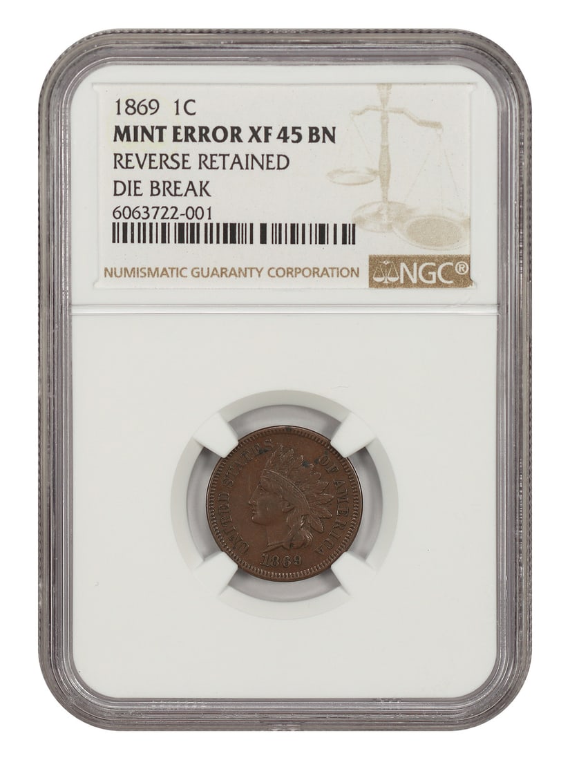 Mint Error: 1869 1C NGC XF45 (Reverse Retained Die Break) - Indian Cent (1 of 4)