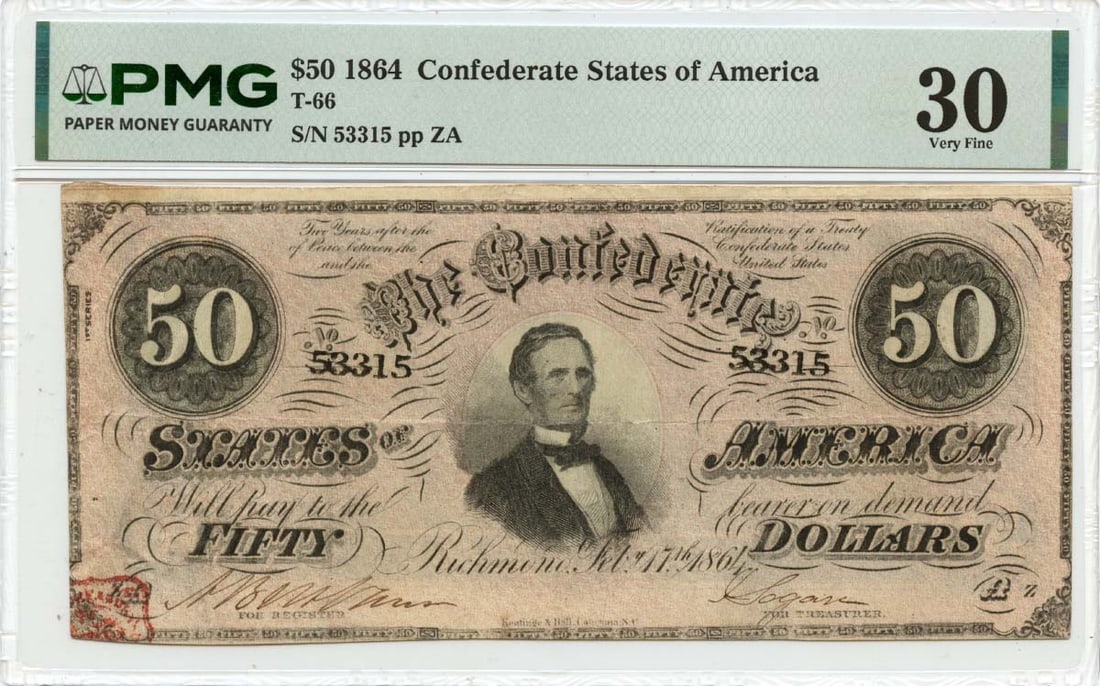 1864 $50 Confederate States of America T-66 CSA PMG VF30: 1864 $50 Confederate States of America T-66 CSA PMG VF30 The 1864 $50 Confederate States of America T-66 features a circulated condition and bears the PMG VF30 grade, indicating its high level of pres