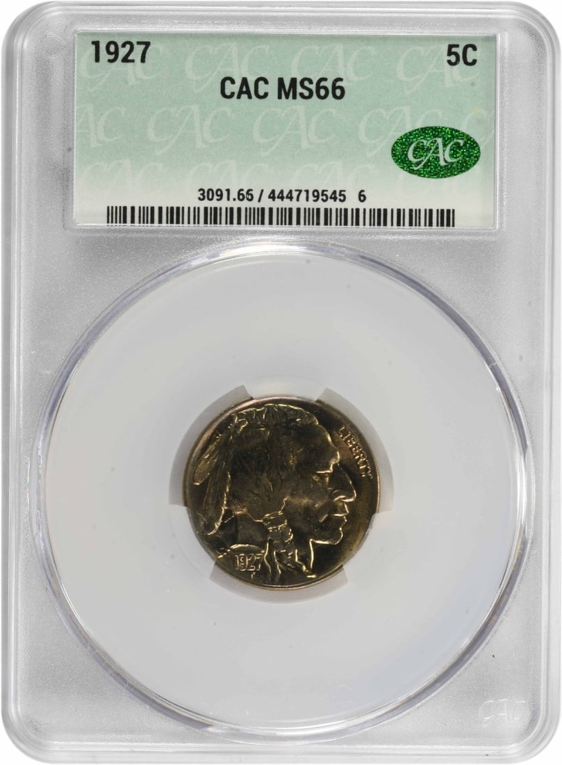 Buffalo Nickel 1927 MS66 CACG: Buffalo Nickel 1927 MS66 CACG The Buffalo Nickel 1927 MS66 CACG boasts exceptional condition, with its Circulated/Uncirculated certification and MS66 grade indicating a high level of preservation. Thi