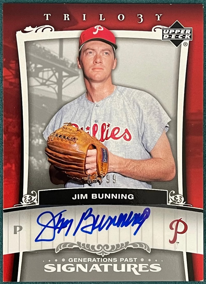 Jim Bunning Autographed 2005 Upper Deck Trilogy Card 63/ 99: Jim Bunning Autographed 2005 Upper Deck Trilogy Card 63/ 99 Signed by Jim Bunning in 2005, this Upper Deck Trilogy Card features a unique autograph on card number 63/99. The card's low print run and h