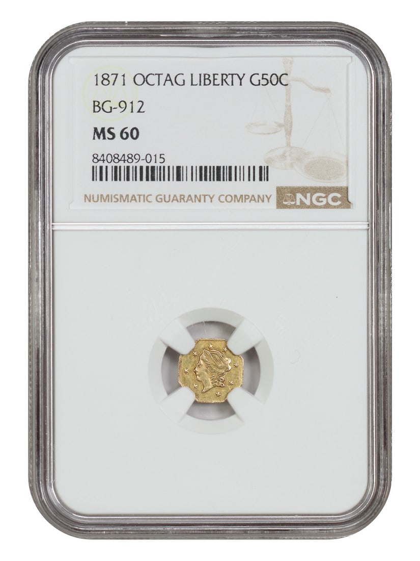 Cal. Fractional: 1871 50C NGC MS60 (BG-912) - California Fractional Gold: Cal. Fractional: 1871 50C NGC MS60 (BG-912) - California Fractional Gold 1871 California Fractional Gold Half Dollar, graded MS60 by the Numismatic Guaranty Corporation (NGC). This uncirculated coin b