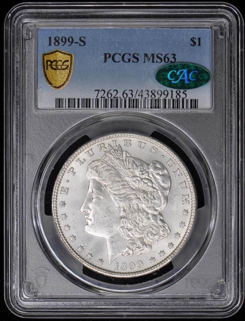 1899-S $1 Morgan Dollar PCGS MS63 (CAC): 1899-S $1 Morgan Dollar PCGS MS63 (CAC) The 1899-S $1 Morgan Dollar PCGS MS63 (CAC) boasts a striking appearance, with its high-grade MS63 certification from the prestigious Professional Coin Grading 