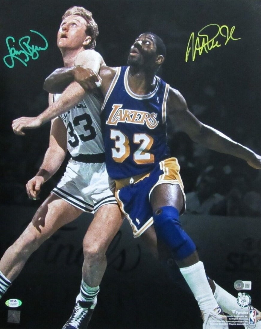 Larry Bird HOF/ Magic Johnson HOF Dual-Autographed 16x20 Photo PSA/ DNA 179607: Larry Bird HOF/ Magic Johnson HOF Dual-Autographed 16x20 Photo PSA/ DNA 179607 Dual-autographed 16x20 photo by PSA/DNA, featuring Larry Bird and Magic Johnson. This official NBA team photo showcases t
