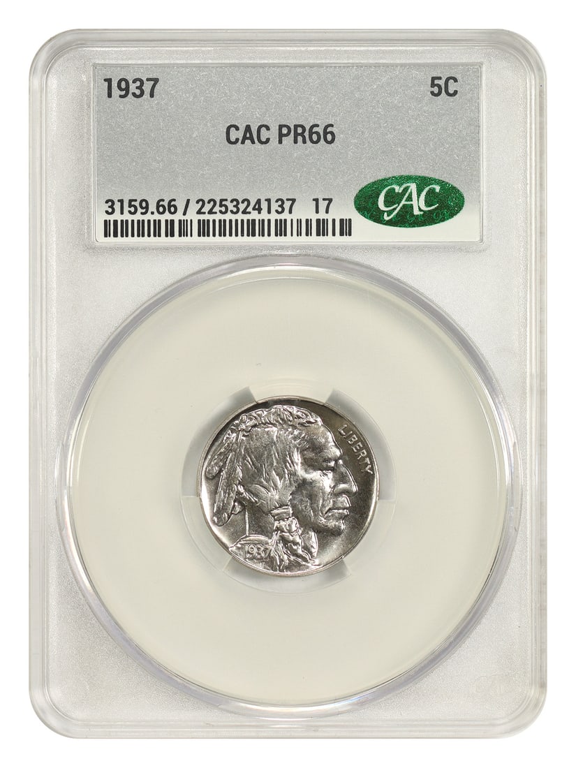 Buffalo Nickel 5C CACG 1937: Buffalo Nickel 5C CACG 1937 The Buffalo Nickel 5C CACG 1937 is an uncirculated coin from the Philadelphia mint, dated 1937. It bears a certification number from the Certified Antique Coin Grading (CAC