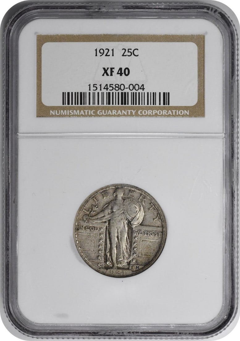 Silver quarter Standing Liberty 1921 EF40: Silver quarter Standing Liberty 1921 EF40 Standing Liberty quarter from 1921, certified by NGC as EF40, features the iconic Standing Liberty design and is made of silver. This circulated coin was mint