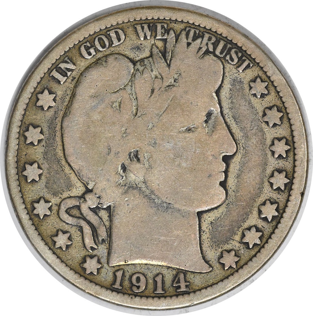 1914 Barber Silver Half Dollar VG Uncertified: 1914 Barber Silver Half Dollar VG Uncertified The 1914 Barber Silver Half Dollar is a circulated coin with a VG grade, bearing the signature of its creator. Made from silver and featuring the iconic B