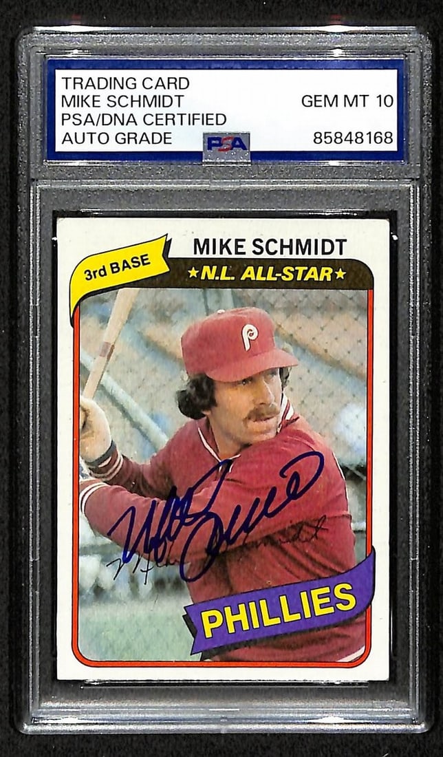 Mike Schmidt 1980 Topps Card #270 Phillies HOF Signed PSA/ DNA Auto GEM 10 208772: Mike Schmidt 1980 Topps Card #270 Phillies HOF Signed PSA/ DNA Auto GEM 10 208772 Mike Schmidt's 1980 Topps Card #270 features his iconic likeness, showcasing the legendary Phillies third baseman in