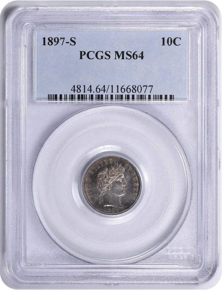 1897-S Barber Silver Dime MS64 PCGS: 1897-S Barber Silver Dime MS64 PCGS The 1897-S Barber Silver Dime MS64 PCGS boasts exceptional condition, certified by the prestigious Professional Coin Grading Service (PCGS) as Uncirculated. With a