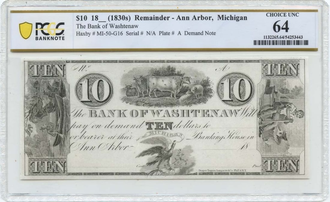 1830s $10 Ann Arbor, Michigan Obsolete Note Bank of Washtenaw PCGS CU64: 1830s $10 Ann Arbor, Michigan Obsolete Note Bank of Washtenaw PCGS CU64 The 1830s $10 Ann Arbor, Michigan Obsolete Note Bank of Washtenaw is a rare and historic banknote featuring a unique design from