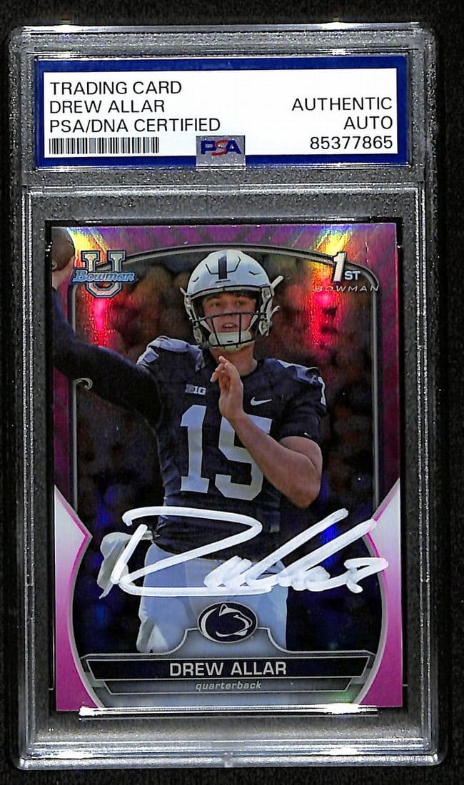 Drew Allar Penn State Signed 2022 Bowman U Pink Rookie Card #59 PSA/ DNA 193570: Drew Allar Penn State Signed 2022 Bowman U Pink Rookie Card #59 PSA/ DNA 193570 Item Specifics: Original/Reprint: Original Product: Photo Sport: Football Product Disclaimer: Not affiliated with any te