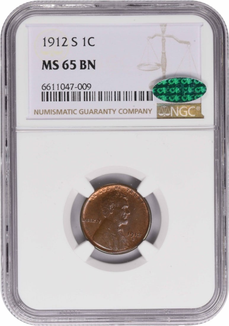 MS65BN CAC Lincoln Cent 1912-S: MS65BN CAC Lincoln Cent 1912-S MS65BN CAC Lincoln Cent 1912-S, graded MS65 by NGC and bearing the CAC designation, showcases exceptional preservation in uncirculated condition. This copper coin featur