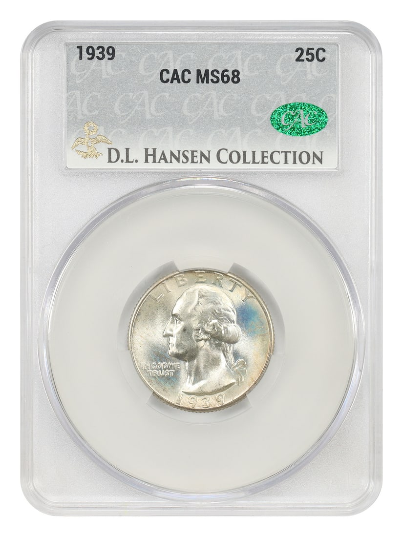 1939 25C CACG MS68 ex: D.L. Hansen - Washington Quarter: 1939 25C CACG MS68 ex: D.L. Hansen - Washington Quarter The 1939 Washington Quarter, graded MS68 by CACG, boasts exceptional condition with minimal wear. This coin was previously owned and slabbed by 