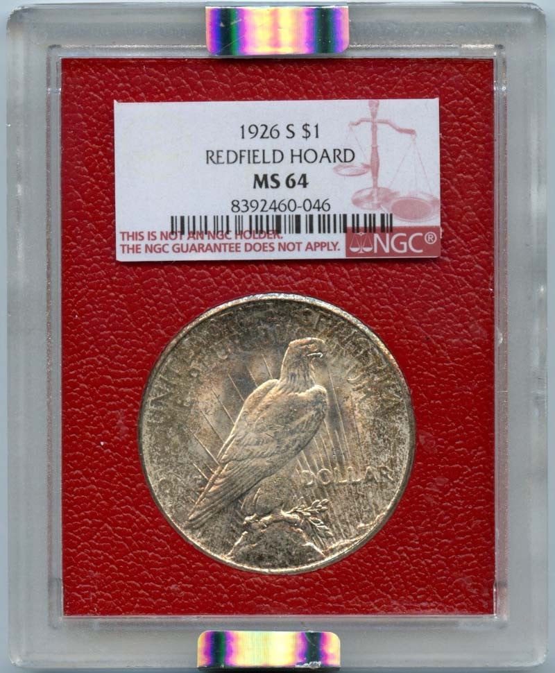 REDFIELD HOARD PEACE DOLLAR 1926 S$1 NGC MS64: REDFIELD HOARD PEACE DOLLAR 1926 S$1 NGC MS64 The Redfield Hoard Peace Dollar, minted in 1926, boasts an MS64 grade from the NGC, indicating exceptional condition. This uncirculated coin features the 