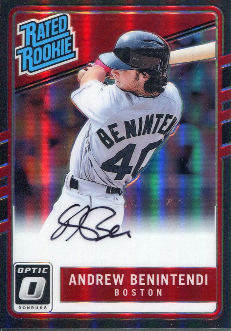Benintendi Autographed 2017 Donruss Optic Rookie Card: Benintendi Autographed 2017 Donruss Optic Rookie Card Item Specifics: Signed in black sharpie across the front the card Authenticity is provided by Panini and will be accompanied with a COA from