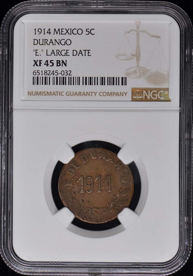 1914 MEXICO DURANGO 5C NGC XF45BN: 1914 MEXICO DURANGO 5C NGC XF45BN Item Specifics: Circulated/Uncirculated: Circulated Year: 1914 Certification: NGC Certification Number: 6518245032 Grade: XF45 Product Disclaimer: Grades are third-pa