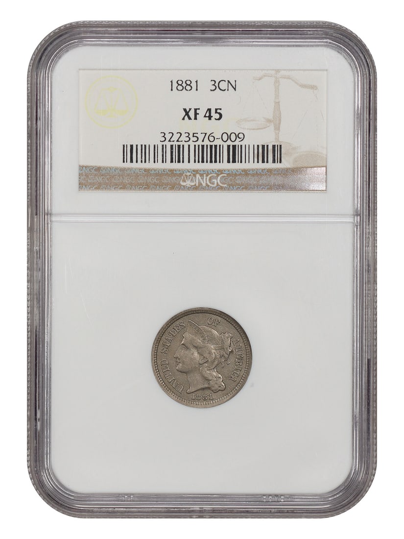 1881 3CN NGC XF45 - Three Cent Nickel: 1881 3CN NGC XF45 - Three Cent Nickel The 1881 Three Cent Nickel, graded XF45 by the Numismatic Guaranty Corporation (NGC), boasts exceptional condition with minimal wear. This circulated coin feature