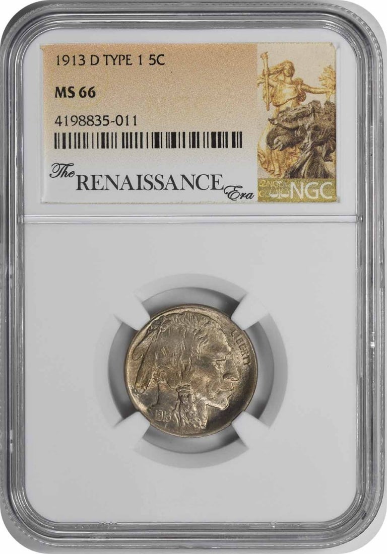 1913-D Buffalo Nickel Type 1 MS66 NGC: 1913-D Buffalo Nickel Type 1 MS66 NGC MS66 graded by NGC, this 1913-D Buffalo Nickel Type 1 boasts exceptional condition with subtle nuances in its luster and strike. The coin's rich history and craft