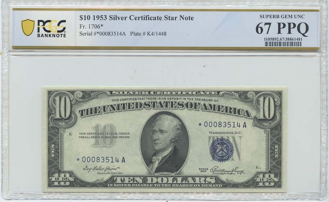 Cert 67 Superb Gem Pop 2 PPQ UNC BankNote PCGS 1953 $10: Cert 67 Superb Gem Pop 2 PPQ UNC BankNote PCGS 1953 $10 MS67 Uncirculated 1953 $10 Silver Certificate, graded by PCGS Banknote, boasts exceptional condition and rarity. This superb gem features a high
