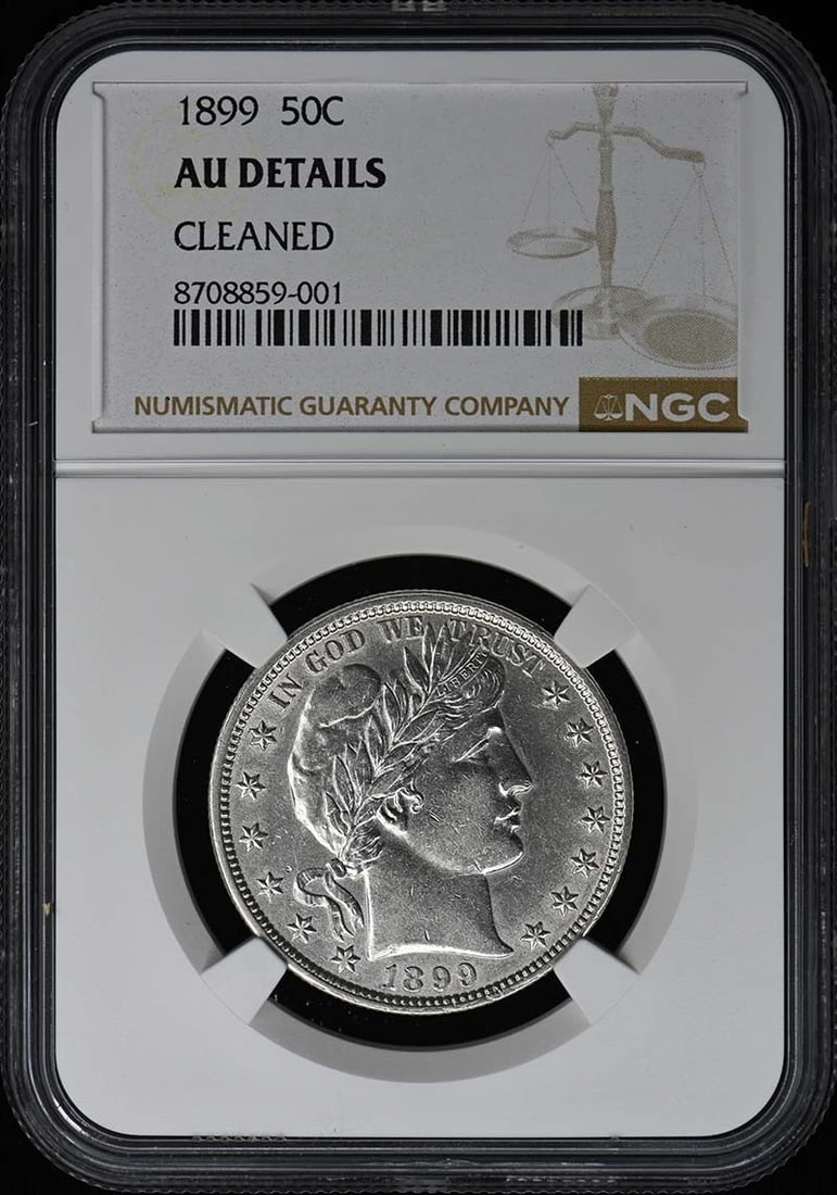 NGC AU Details 50C 1899 Half Dollar Barber: NGC AU Details 50C 1899 Half Dollar Barber This NGC AU Details 50C 1899 Half Dollar Barber features an uncirculated mint mark, indicating it was struck at the Philadelphia Mint. The coin's AU Details 