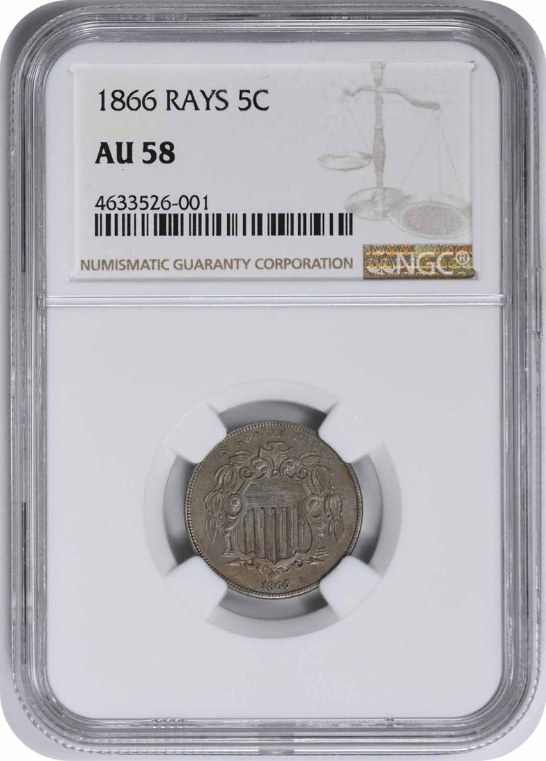 1866 Shield Nickel Rays AU58 NGC: 1866 Shield Nickel Rays AU58 NGC The 1866 Shield Nickel Rays features an iconic design by James Barton Longacre, showcasing rays emanating from the shield. This circulated coin, certified by NGC, boas