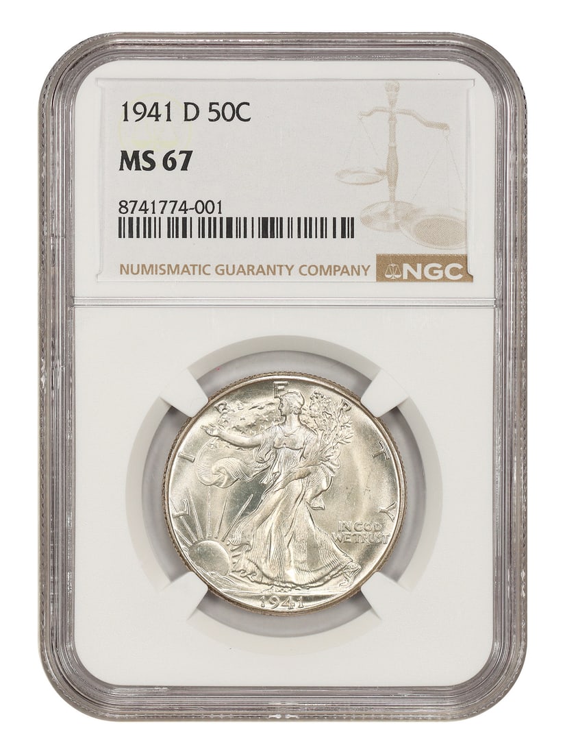 1941-D 50C NGC MS67 - Walking Liberty Half Dollar: 1941-D 50C NGC MS67 - Walking Liberty Half Dollar The 1941-D Walking Liberty Half Dollar boasts its original luster, showcasing the characteristic patina of an uncirculated coin. Graded MS67 by NGC, t