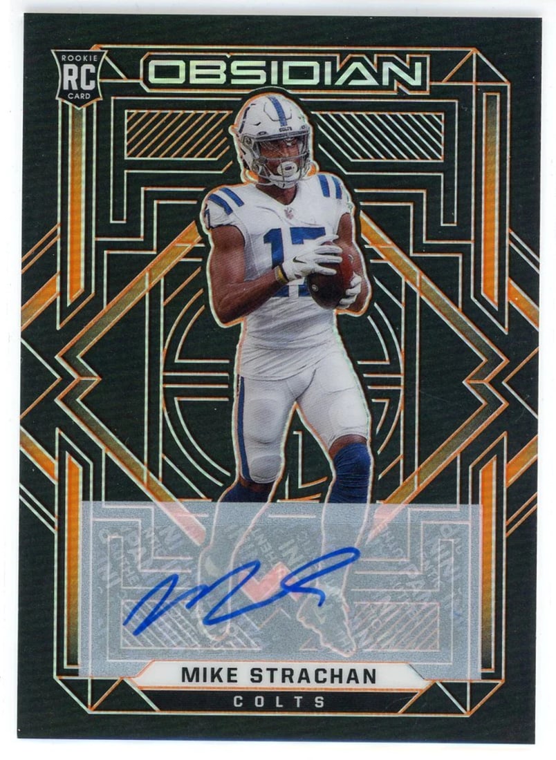 Panini Obsidian Rookie Card 2021 Strachan Mike Autographed: Panini Obsidian Rookie Card 2021 Strachan Mike Autographed Panini Obsidian Rookie Card #192 features a sharpie signature across the front from Mike Strachan, numbered 67 out of 75. This autographed ca