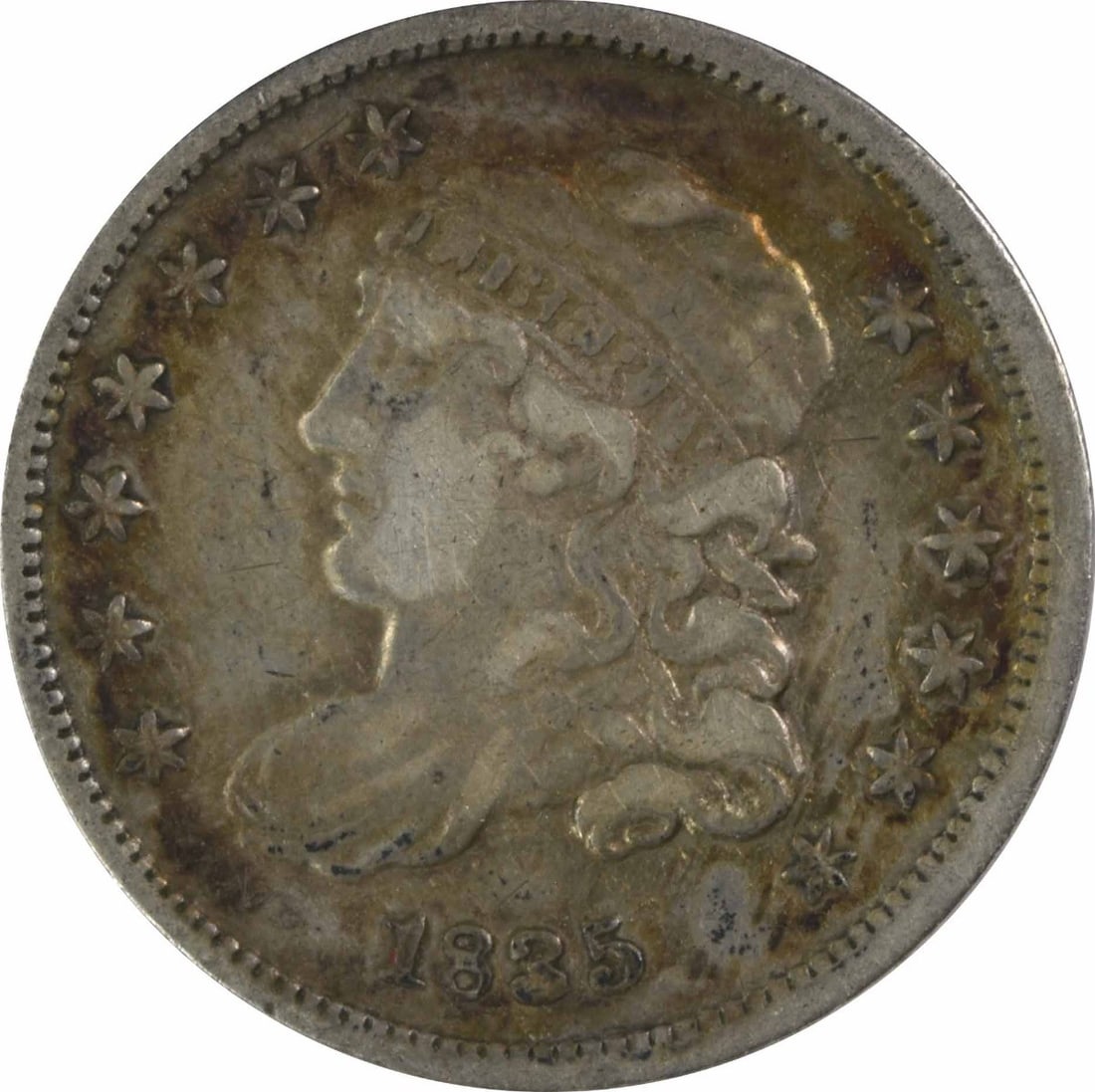 1835 Bust Silver Half Dime VF Uncertified: 1835 Bust Silver Half Dime VF Uncertified This 1835 Bust Silver Half Dime features a classic Capped Bust design by William Kneass, with its reeded edge and 89.2% silver composition making it a notable