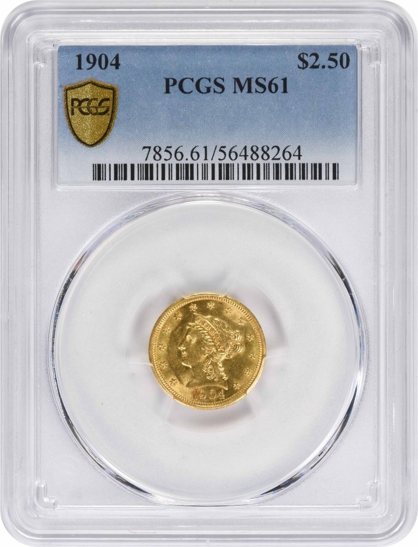 MS61 PCGS Gold $2.50 1904 Liberty Head: MS61 PCGS Gold $2.50 1904 Liberty Head MS61 PCGS Gold $2.50 1904 Liberty Head features an Uncirculated grade, bearing the signature of KM Number 72, and is composed of genuine gold with a denomination